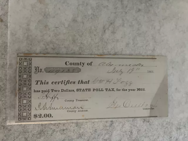 Oakland: Alameda County state poll tax 1866 receipt