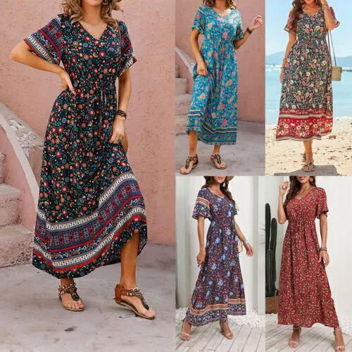 Womens Boho Floral Maxi Long Dress Ladies Summer V Neck Holiday Beach Sundress 3