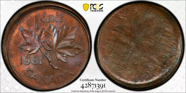 ER210 1981 CANADA. Mint Error -- Brockage, Split After Strike -- Cent, PCGS MS64