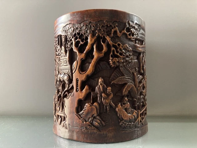 Collection Chinese Old Bamboo Carved Exquisite Brush Pot Antique Art Decor Study