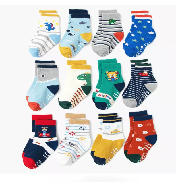 12 Pairs Baby Boy Cotton Socks Toddler Non Slip Grips Socks Cute Infant Newborn