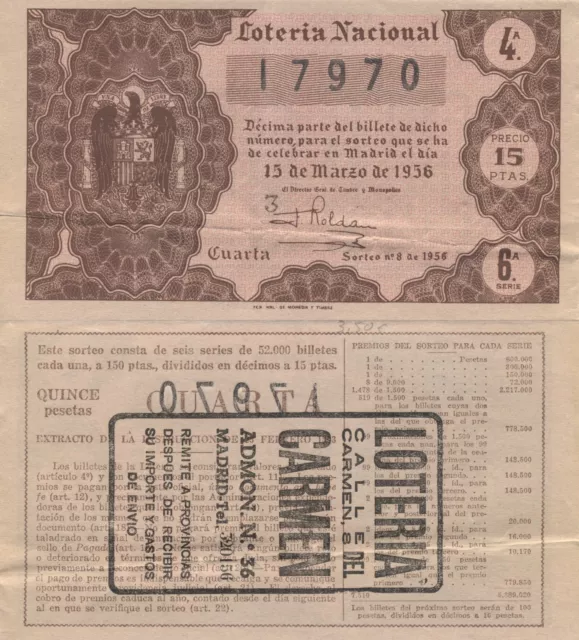 Lotería Nacional. Sorteo Número 8 de 1956. Número 17970.