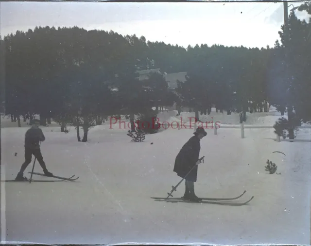 Ski Neige Photo NEGATIVE Plaque verre Stereo c1920 Vintage V28L11n12
