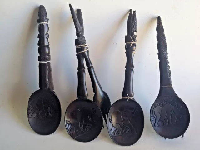 Hand Carved Wooden Spoon & Fork Salad Set African Ebony Wood Carving Decor Nos