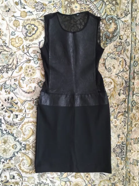 Real Leather Panel 100% Silk Black Mini Sleeveless Dress S Small
