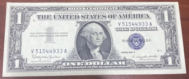 Crisp United States Silver Certificate 1$ Bill 1957 B Series Extremely Fine Blue