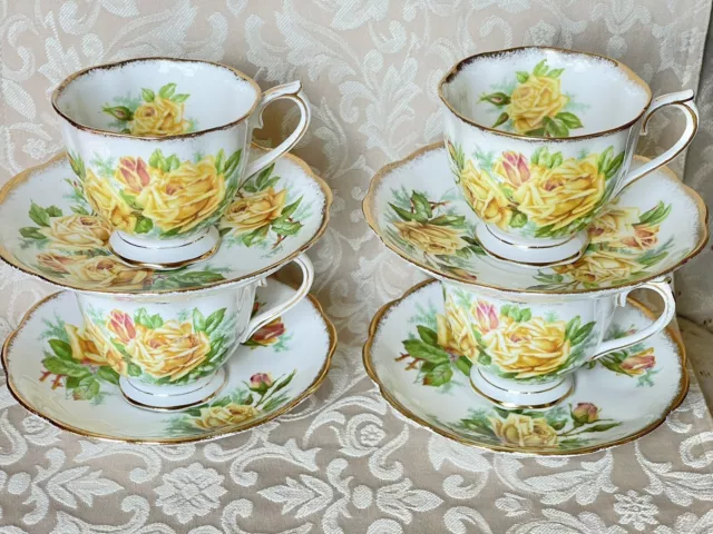 Royal Albert Tea Rose Yellow Rose Floral Set Of Four Bone China Tea Cups Saucers