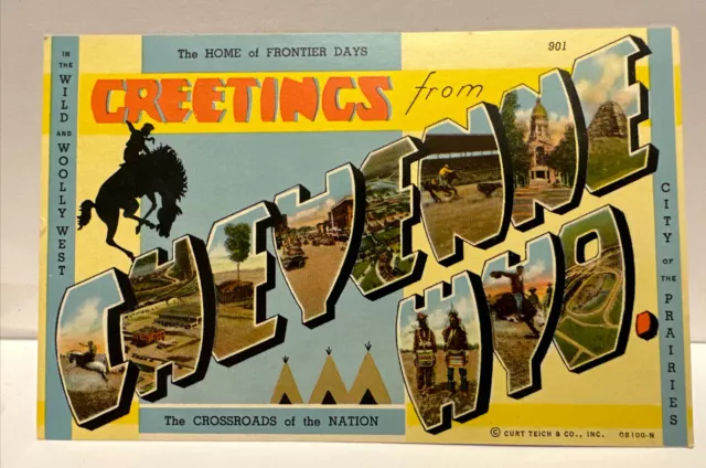 Postcard Wyoming Cheyenne WY Large Letter Linen 1940s 1950s Unposted