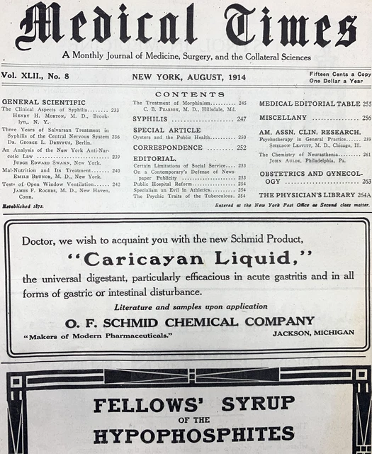 1914 Medical Times Journal Medicine Surgery Science New York Quack Vtg Antique