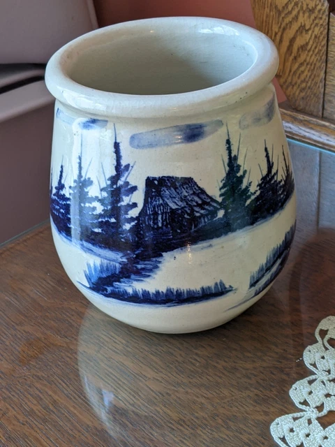 Paul Storie Pottery Crock Vase Utensil Holder 6" T Marshall TX Blue Barn
