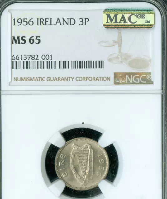 1956 Ireland 3 Pence Ngc Ms65 Pq Mac Spotless  *