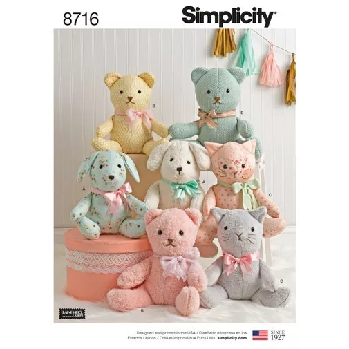 Simplicity 8716 ✂️Sewing Pattern 14" Dog Bear Cat Kitten Stuffed Plush Animals