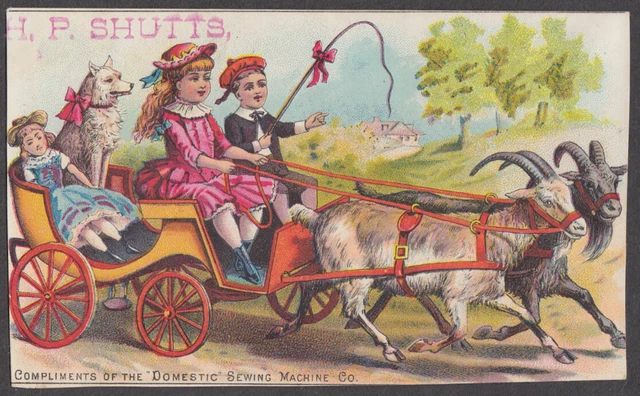 Domestic Sewing Machine trade card 1880s 2 kids doll & dog in 2-goat wagon