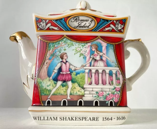 Vintage Sadler English Tea Pot - ROMEO AND JULIET GOLD TRIM  (Shakespeare) Boxed