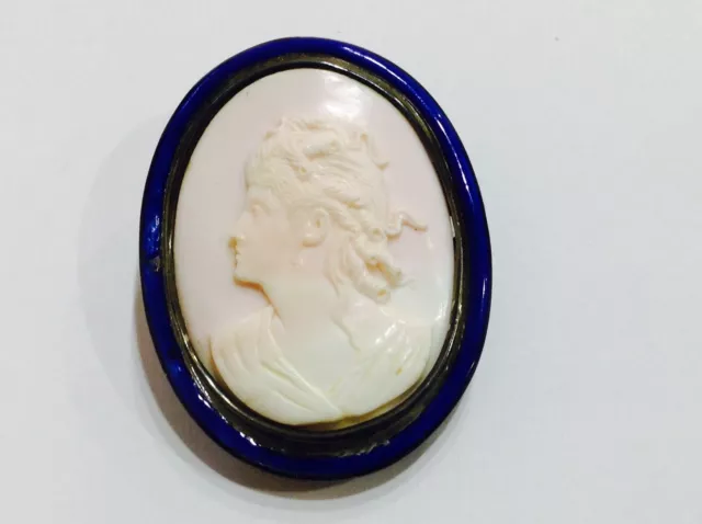 Antique,rose Coral ,French Enamel, Sterling Silver Cameo Victorian Brooch.