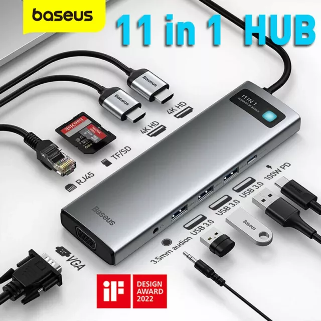 Baseus 11in1 USB C Hub 4K HDMI Docking Station VAG SD TF 100W Ladegerät Adapter