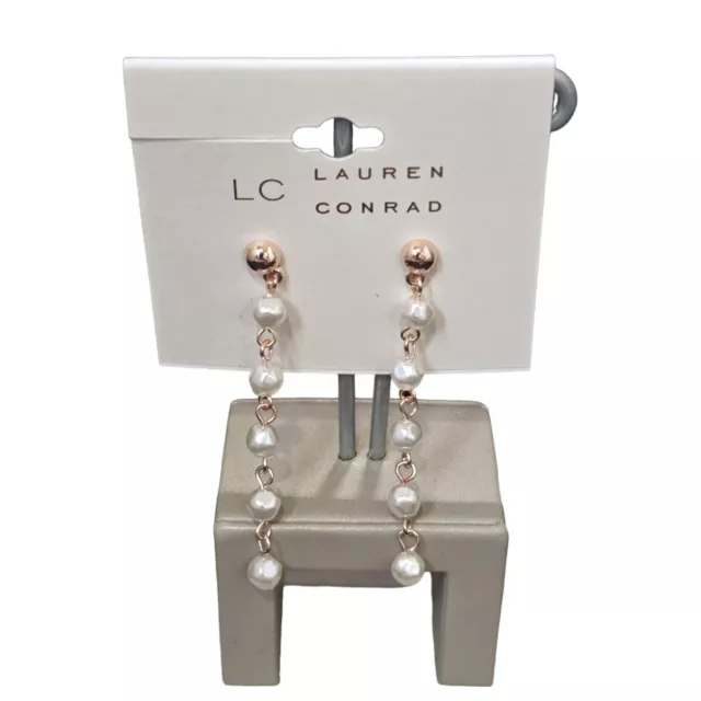 Lc Lauren Conrad Rose Gold Plated White Faux Pearl Linear Dangle Earrings Nwt