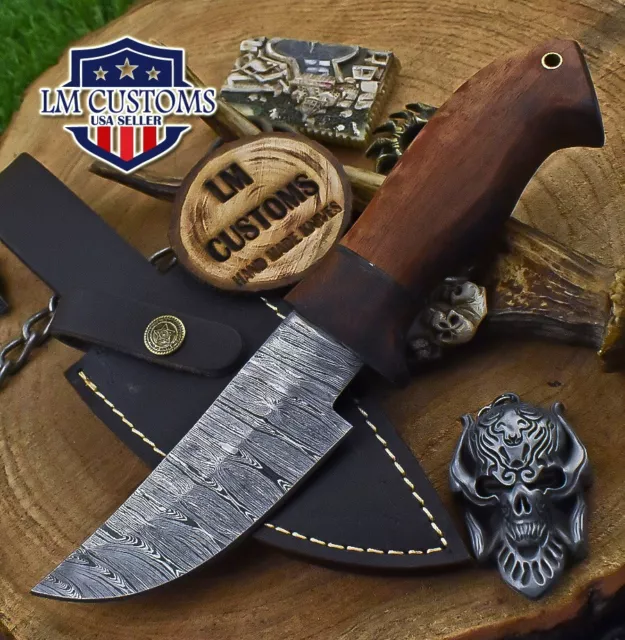 Custom Hunting Skinner Knife Twist Damascus Walnut Wood Wooden Bolster Tactical