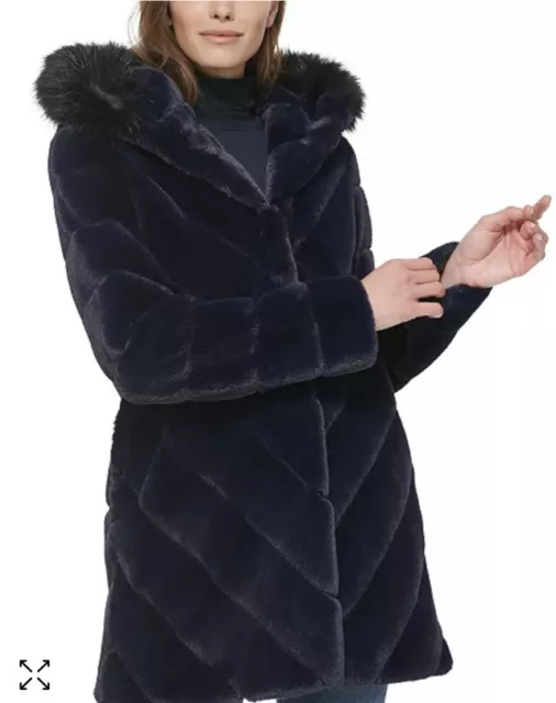 CALVIN KLEIN WOMEN'S Hooded Faux-Fur Coat Navy Blue Petite Small MSRP ...