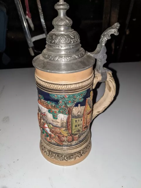 Vintage Handmade in Germany Beer Stein with Pewter Lid 7"