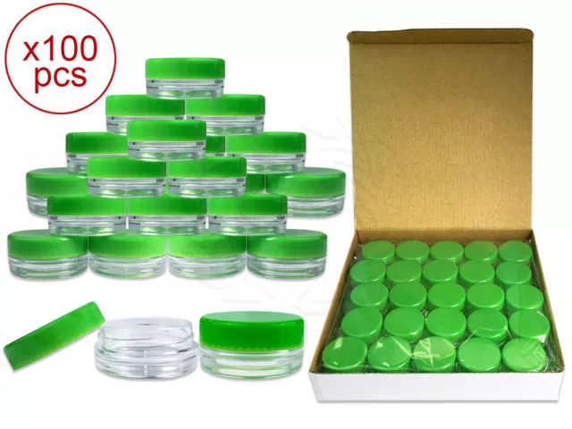 100 Pieces 3 Gram/3ml Plastic Round Clear Sample Jar Containers with Green Lids