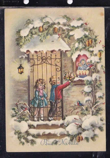 Cartolina Buon Natale Bambini Immagine Madonna con Bambino Neve Z1359