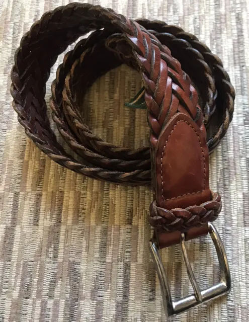 COLE HAAN BELT Size 40 Brown Leather Weaved Braided Brass Buckle Men’s ...