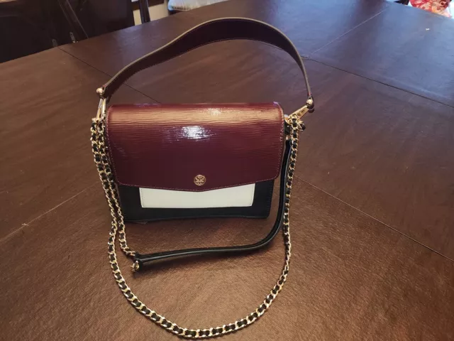 TORY BURCH Robinson Mixed-materials Shoulder Bag In Port /Black/New Moon (NEW)