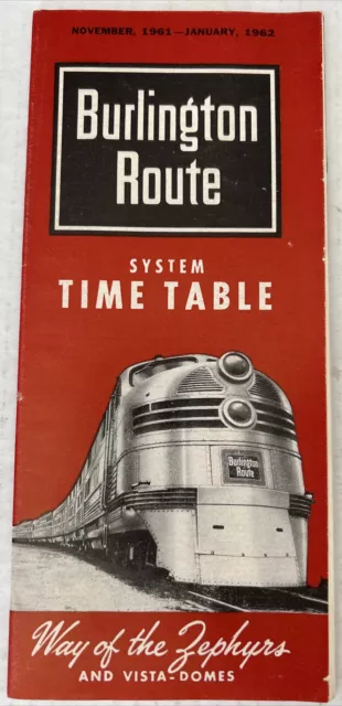 Burlington Route System Timetable Vintage Train Schedule Nov 1961 - Jan 1962