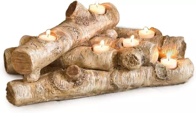 Faux Wood Resin Logs Tea Lights Candle Holder, Birch