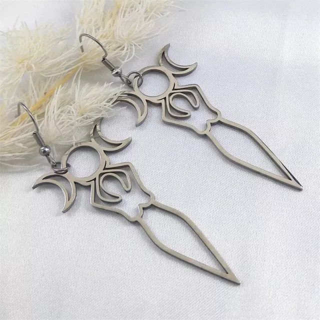 Triple Goddess Earrings Womens Silver Stainless Steel Divine Feminine Dangles