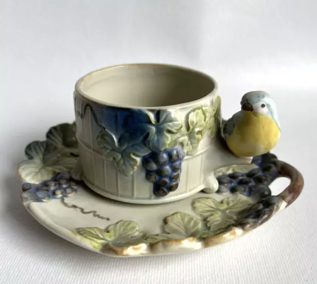 Intricate 3D Bird with Grapes Cream Color Ceramic Tea Cup & Saucer Set