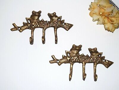 Artistic Brass Frog Hanger Toad Friends On Bamboo Sculpt Wall Mount Hooks HK147