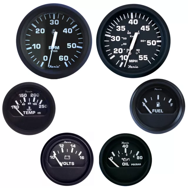 Faria Euro Black Box Set Inboard Speedo Tach Fuel Volts