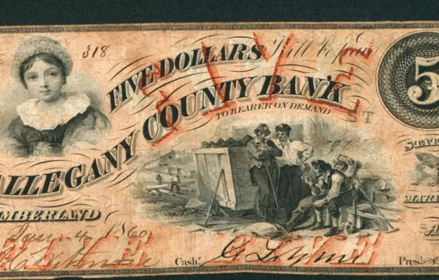 $5 1860 The Allegany County Bank - Cumberland Obsolete Note PAPER CURRENCY