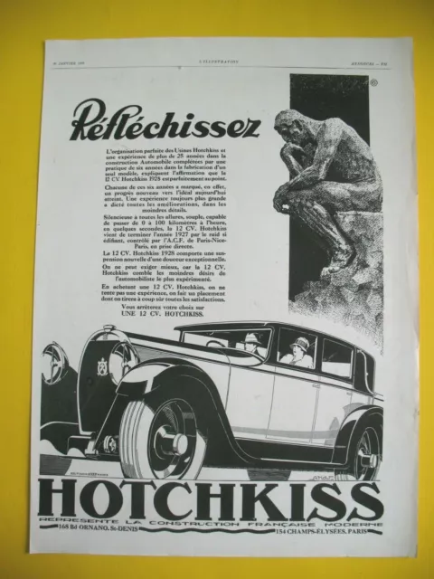 Publicite De Presse Hotchkiss Automobile Reflechissez Illustration Kow 1928