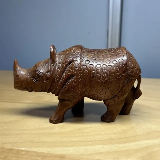 6" Hand Carved Wooden Javen Rhino Dark Wood Rhinoceros Figurine Detailed Statue