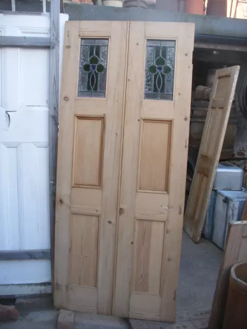 Large reclaimed Victorian stripped pine, stained glass 6 panel internal door