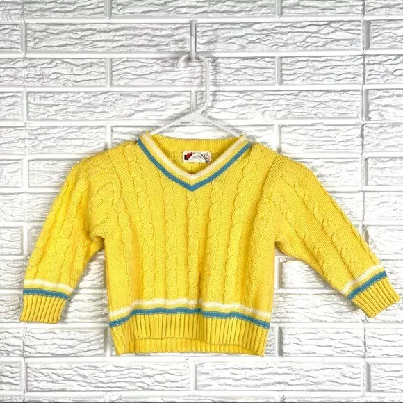 Vintage Mimi Yellow Cable Knit Sweater Size 3T Blue White Striped Trim