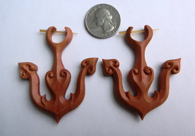 Pair Organic Hand Carved Sawo Wood Anchor Stirrup Hanger Earring Fake Gauges