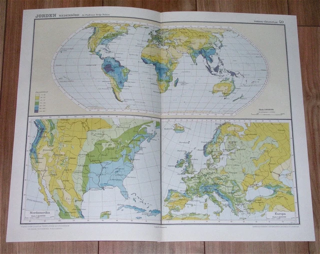 1926 Vintage Swedish Climatic World Chart Meteorology Rainfall Usa Europe