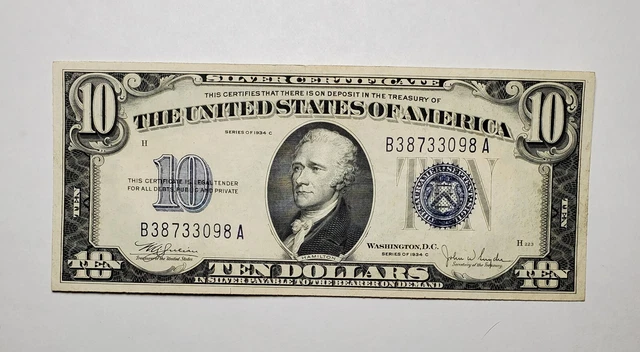 1934 C Ten Dollars Silver Certificate B38733098A Blue Seal $10 3