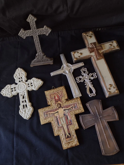 Collection of Crosses Cast Iron/Wood/Metal Wall Hanging Ornate Textured 10 piece