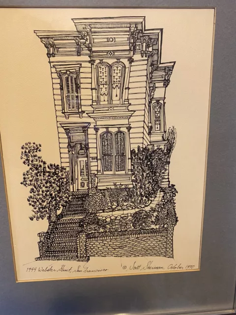 Scott Sherman pen ink sketch framed Victorian 1944 Webster Street San Francisco