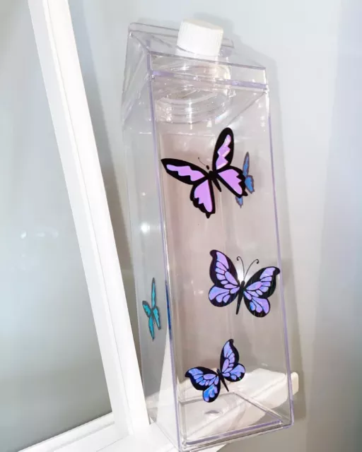 1 Iitre Milk Carton Water Bottle Butterfly Holographic Blue Design Personalised