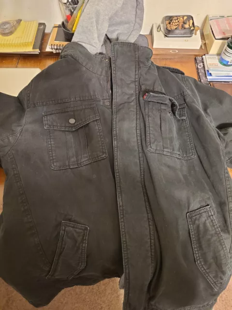 Levis Black Denim Cotton Hoody Sherpa Trucker Jacket Removeable Hood Hooded L