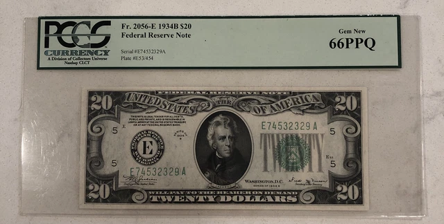 1934 B $20 Federal Reserve Note Richmond Fr 2056 E Ea Block Pcgs Gem Unc 66 Ppq