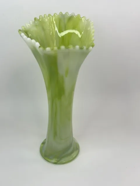 Vintage Green Akro Agate 10.25” Vase With Pie Crust Rim