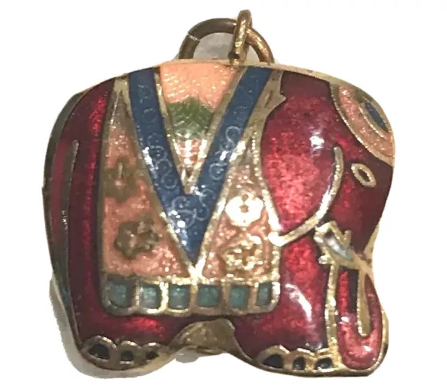 Gold Tone Filigreed Cloisonné Enamel Elephant Pendant Trunk Up Red Dainty 3d