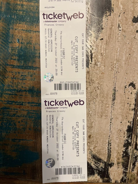 2 Tickets To Cut Copy 27th Oct Fabric London. Selling at face Value £55